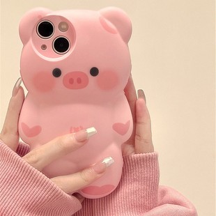 可爱粉色小猪立体公仔适用iPhone14ProMax手机壳卡通猪猪女孩XsMax软壳12苹果13Pro防摔保护套硅胶i15/14外壳