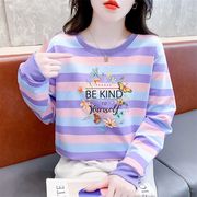 高端紫色条纹卫衣女春秋纯棉宽松圆领套头长袖t恤女新款印花上衣