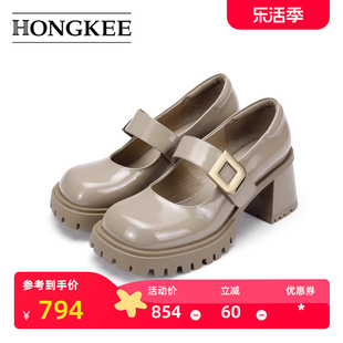 Hongkee/红科单鞋女软牛漆皮玛丽珍2023春季女鞋H073S100