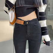 韩版牛仔裤女士铅笔裤，高腰修身黑色长裤，设计感个性腰头小脚裤