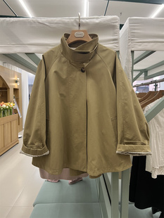 韩国make宽松显瘦时尚设计感斗篷式立领，设计感中长款工装风衣外套