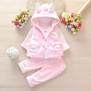 女宝宝秋冬套装，0-1-2岁婴幼儿夹棉三件套周岁可爱薄棉，冬天衣服