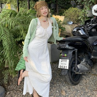 胖mm气质甜美小清新印花无袖连衣裙女春夏新款显白长裙外套两件套