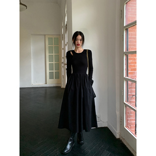 pusumede长袖镂空针织连衣裙女设计感小众收腰显瘦气质黑色长裙