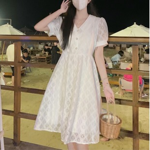 蕾丝立体提花气质娃娃领连衣裙女夏季短袖韩版中长款小仙女裙子潮