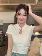 新中式国风白色镂空立领正肩短袖t恤女夏季纯棉收腰修身显瘦上衣