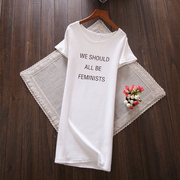 中长款短袖白色T恤女韩国春夏豹纹字母修身显瘦连衣裙打底衫