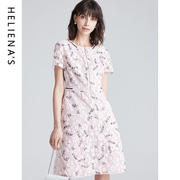 海兰丝TOP夏季时尚减龄休闲短袖裙子设计感蕾丝粉色连衣裙夏