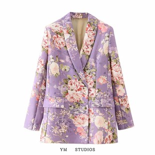 欧美女装澳洲小众花卉印花紫色西装春秋季女士休闲西服外套