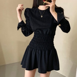 韩国chic气质收腰金丝绒长袖，连衣裙女装秋冬季黑色，短裙小个子裙子