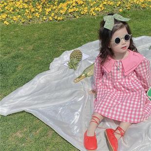 韩版童装撞色双层领女童连衣裙粉色，格子长袖公主，裙洋气宝宝裙子潮