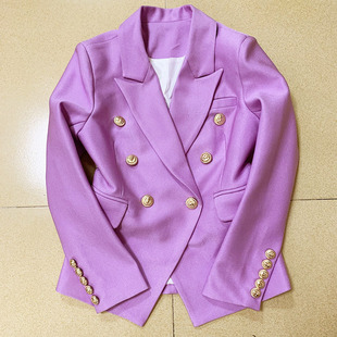 欧美2024丁香紫色珠地夹克女狮子扣双排扣职业西装OL通勤外套