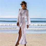 欧美性感镂空针织沙滩裙长袖开叉裙度假长裙泳衣外罩衫衣