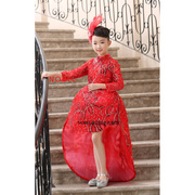 红色礼服儿童礼服婚纱长公主裙儿童走秀礼服儿童中式礼服演出礼服