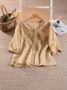 蕾丝拼接中袖苎麻衬衫女薄款文艺，复古棉麻上衣，高端小众衬衣春款
