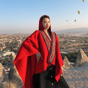 民族风青海西藏云南旅游超大中国红披肩女士加厚纯色带帽斗篷外套