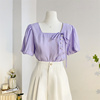 紫色法式方领泡泡袖衬衫女夏季设计感系带蝴蝶结短袖别致小衫上衣
