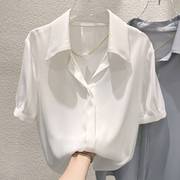2022韩版气质纯色翻领，珍珠链条套头短袖，雪纺衬衫女夏薄款上衣