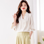 新中式国风衬衫女2024年春装设计感复古长袖白色V领雪纺衬衣