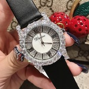 蒂米妮银白色个性真皮表带时装水钻士手表女时尚石英日历国产腕表