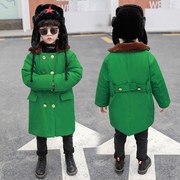 男童军大衣冬装加绒外套中长款加厚军绿色红军儿童老式棉衣