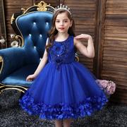 儿童礼服裙蓝色公主连衣裙，立体花瓣裙摆蓬蓬裙女童演出服