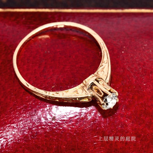 SOLD 欧洲古董孤品钻戒高台公主款独钻14K金求婚定情戒指收藏