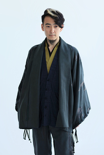 sousou日本京都设计师宮中袖単男宽袖系带宽松短款外套深緑色