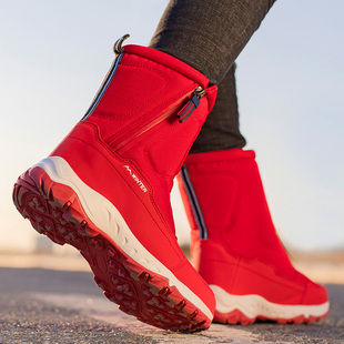 东北哈尔滨雪地靴女士红色冬季抗寒高帮加绒加厚棉鞋，短靴防水防滑