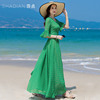 绿色雪纺连衣裙女夏长款2024年长裙，到脚踝v领海边度假沙滩裙