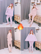 350斤甜美条纹加绒保暖内衣套装，秋冬居家两件套大码女装hello胖妞