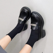 名尚乐福鞋女2024春季女鞋复古英伦风单鞋，厚底增高黑色小皮鞋