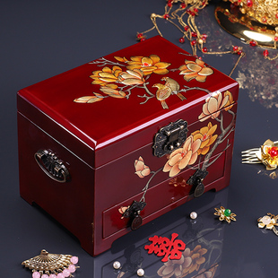黑加红复古首饰盒木制化妆盒，三金收纳盒古风，妆奁中式结婚礼物