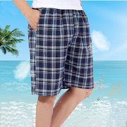 中老年男士格子短裤夏季棉麻五分裤中年男式沙滩裤居家宽松休闲裤