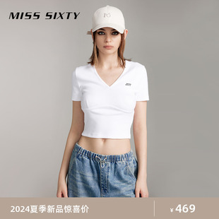 misssixty2024夏季短袖，t恤女v领撞色印花微弹修身显瘦休闲