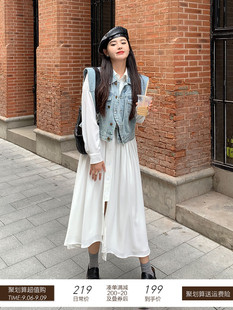 李潇洒(李潇洒)微胖大码温柔风，白色连衣裙女秋装不规则，下摆衬衫裙polo长裙
