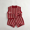 新年套装男童女童春秋毛衣婴儿宝宝红色针织印花格背心短裤两件套