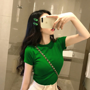 绿色t恤女短袖冰丝针织上衣2023夏韩版修身ins短款半袖打底衫