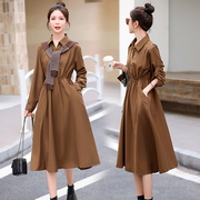 韩版春秋法式优雅V型翻领搭配小披肩收腰中长款衬衫裙两件套