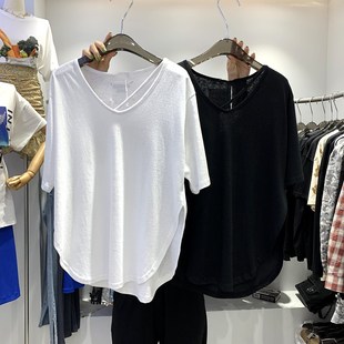 短袖t恤女夏季2021韩版ins潮，纯色v领宽松百搭半袖设计感上衣