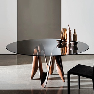 黑胡桃圆餐桌椅组合意式极简黑胡桃木玻璃餐台，大平层实木圆形餐台