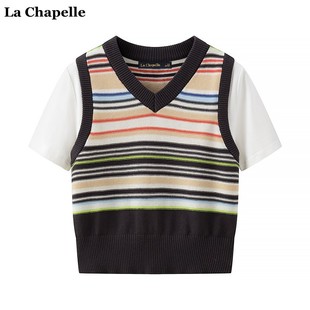 拉夏贝尔lachapelle夏季学院，风彩色条纹针织，拼接短袖t恤女