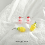 GGW手作  韩国香蕉牛奶饮料瓶耳环草莓牛奶925银无耳洞耳夹