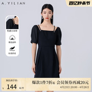 阿依莲赫本风方领连衣裙女2024夏季设计感收腰显瘦吊带小黑裙