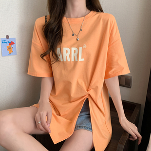 中长款t恤女短袖夏季韩版宽松设计感小众不规则开叉别致上衣ins潮