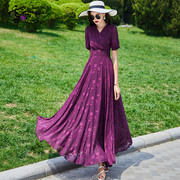 夏季紫色雪纺碎花连衣裙女长款到脚踝，2024年时尚超长大摆裙子