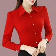 红色衬衫女长袖春季韩范修身显瘦职业装上衣女正装工作服衬衣