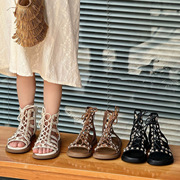 女童高帮露趾凉靴韩版公主鞋，2024年夏季儿童，软底铆钉罗马凉鞋