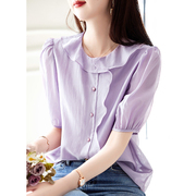 德玛纳紫色衬衫上衣女短袖泡泡，袖甜美法式独特别致娃娃领2023