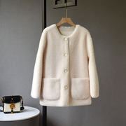 韩版女装冬季气质纯羊毛大衣复合皮毛一体休闲圆领羊剪绒外套